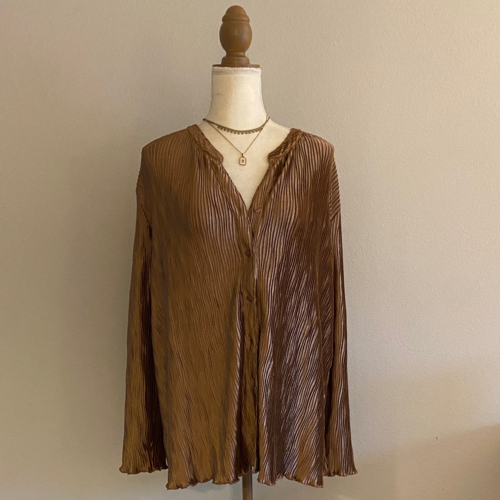 Accordion pleated button up in bronze